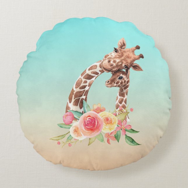 Cute Giraffe Watercolor Mom & Baby Round Pillow (Front)