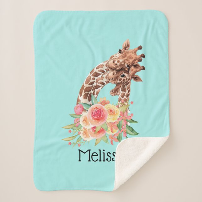 Cute Giraffe Watercolor Mom & Baby Sherpa Blanket (Front)
