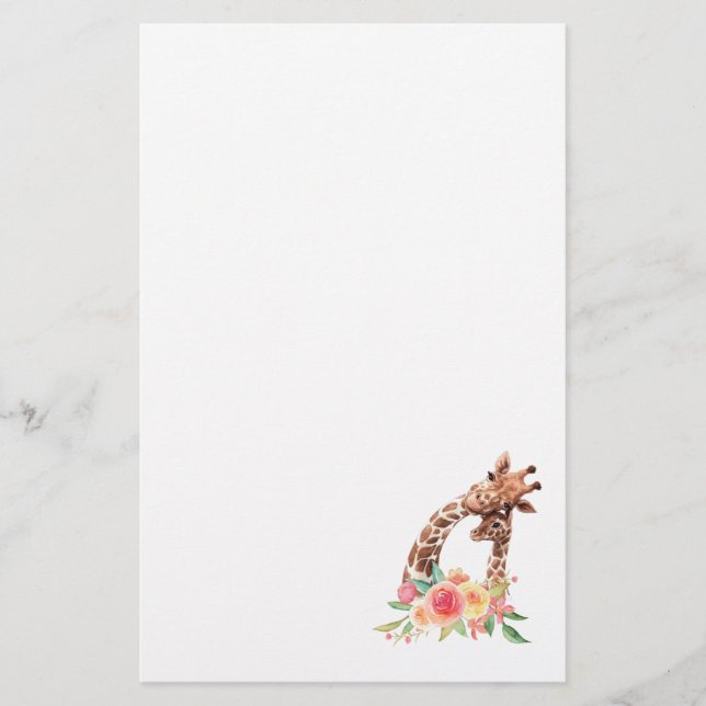 Cute Giraffe Watercolor Mom & Baby Stationery (Front)