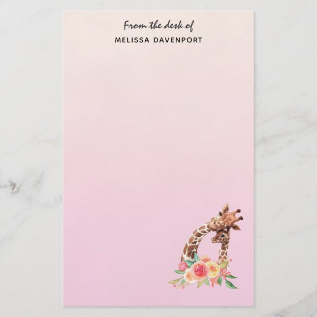 Cute Giraffe Watercolor Mom & Baby Stationery (Front)