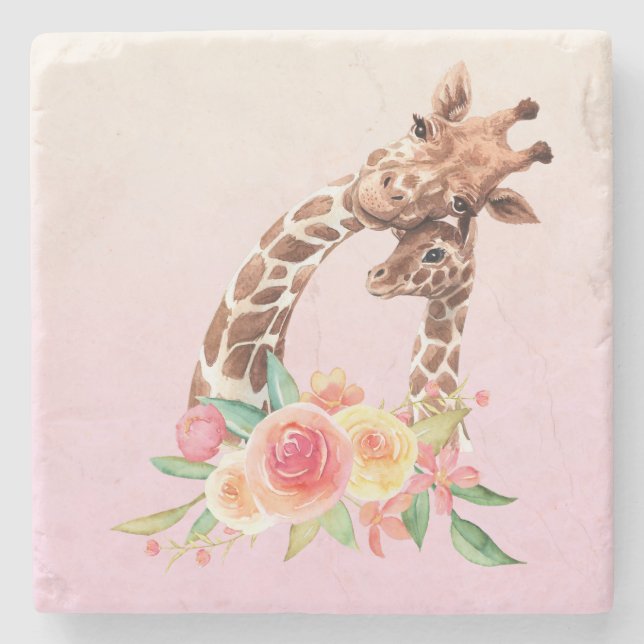 Cute Giraffe Watercolor Mom & Baby Stone Coaster (Front)
