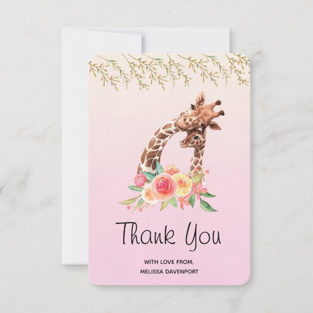 Cute Giraffe Watercolor Mom & Baby Thank You Card (Front)