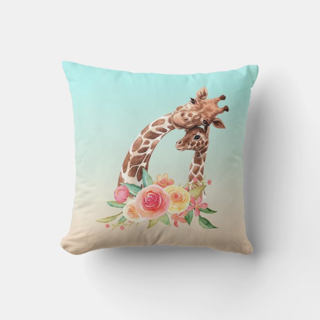 Cute Giraffe Watercolor Mom & Baby Throw Pillow (Front)