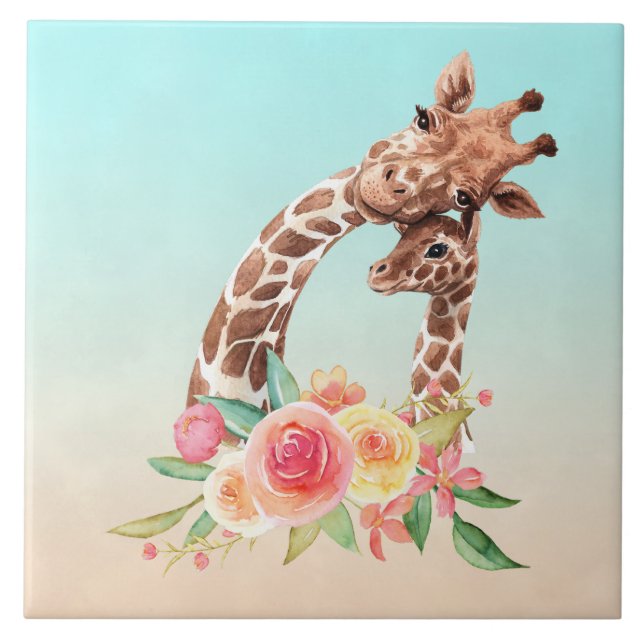 Cute Giraffe Watercolor Mom & Baby Tile (Front)