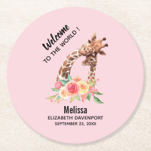 Cute Giraffe Watercolor Mom & New Baby Round Paper Coaster