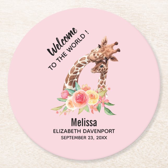 Cute Giraffe Watercolor Mom & New Baby Round Paper Coaster (Front)