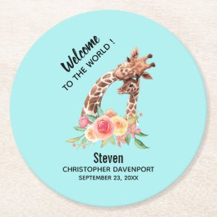 Cute Giraffe Watercolor Mom & New Baby Round Paper Coaster