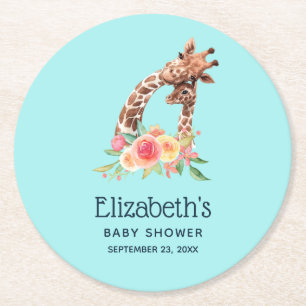 Cute Giraffe Watercolor Mom & New Baby Shower Round Paper Coaster