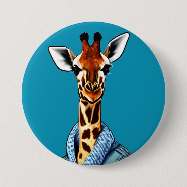Cute Giraffe Wearing a Denim Jacket 3 Inch Round Button (Front)