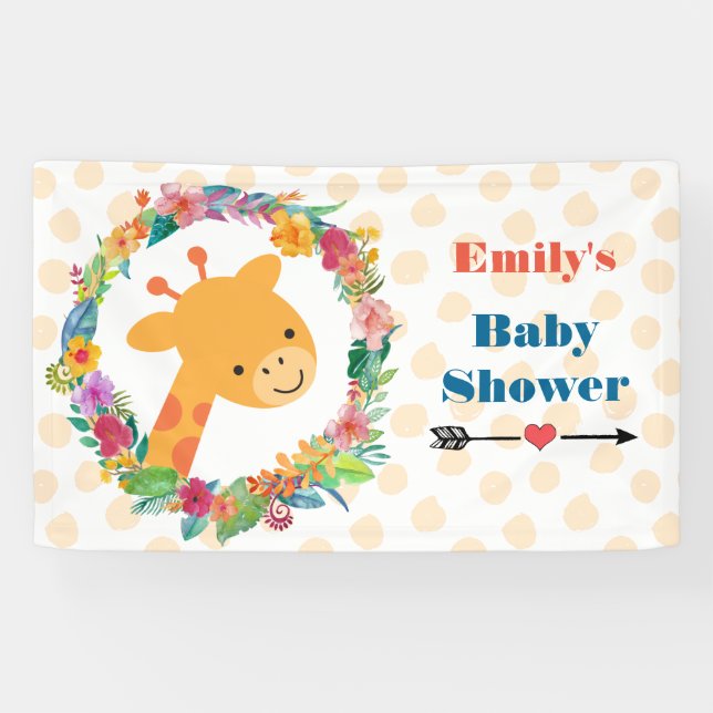 Cute Giraffe with a Floral Wreath Baby Shower Banner (Horizontal)