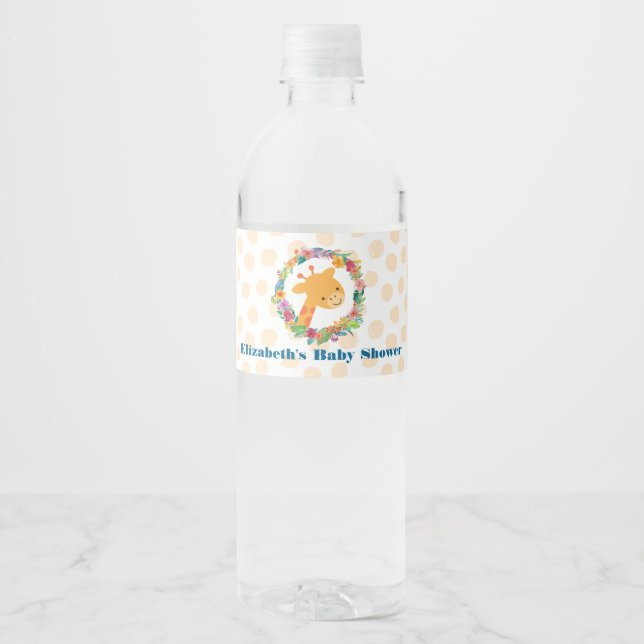 Cute Giraffe with a Floral Wreath Baby Shower Water Bottle Label (Front)
