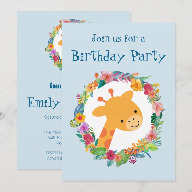 Cute Giraffe with a Floral Wreath Birthday Party Invitation (Front/Back)