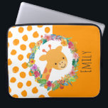 Cute Giraffe with a Floral Wreath Personalized Laptop Sleeve<br><div class="desc">A personalized laptop sleeve with an illustration of a cute smiling giraffe face,  surrounded by a wreath of tropical watercolor flowers. Colourful and cute. Background is pattern with orange whimsical spots on the left side and a solid orange colour on the right side.</div>