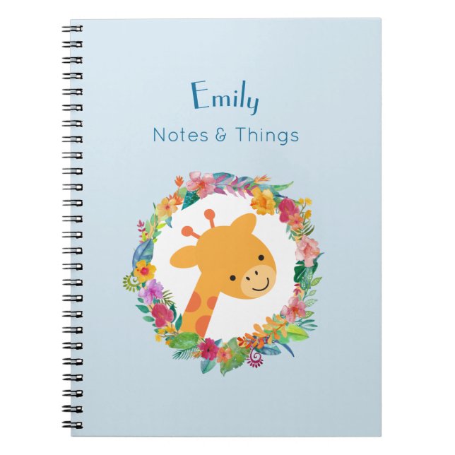 Cute Giraffe with a Floral Wreath Personalized Notebook (Front)