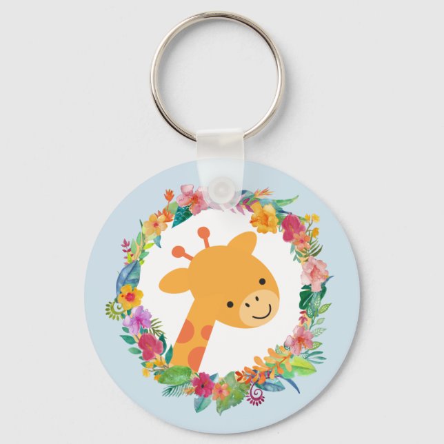 Cute Giraffe with a Watercolor Floral Wreath Keychain (Front)