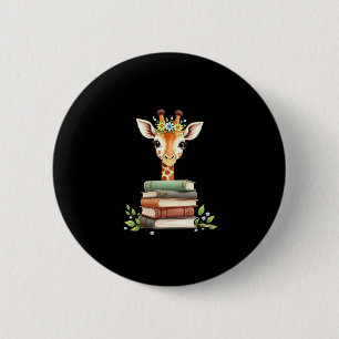 Cute Giraffe With Book Floral Bookworm Librarian B 2 Inch Round Button