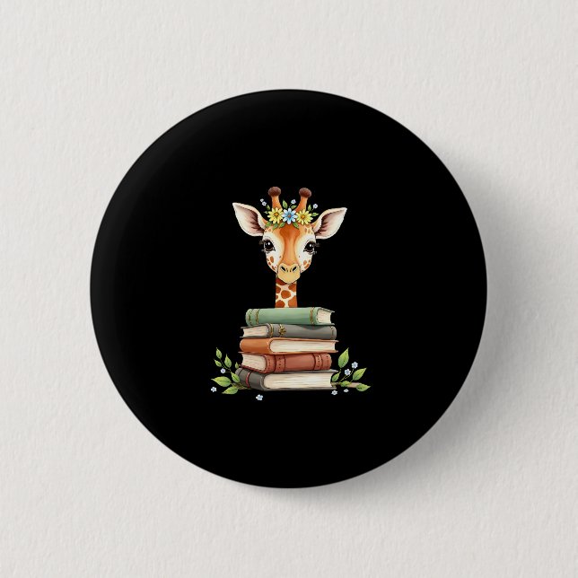 Cute Giraffe With Book Floral Bookworm Librarian B 2 Inch Round Button (Front)