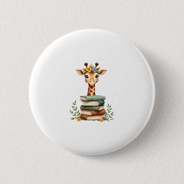 Cute Giraffe With Book Floral Bookworm Librarian B 2 Inch Round Button (Front)