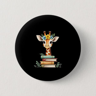 Cute Giraffe With Book Floral Bookworm Librarian B 2 Inch Round Button