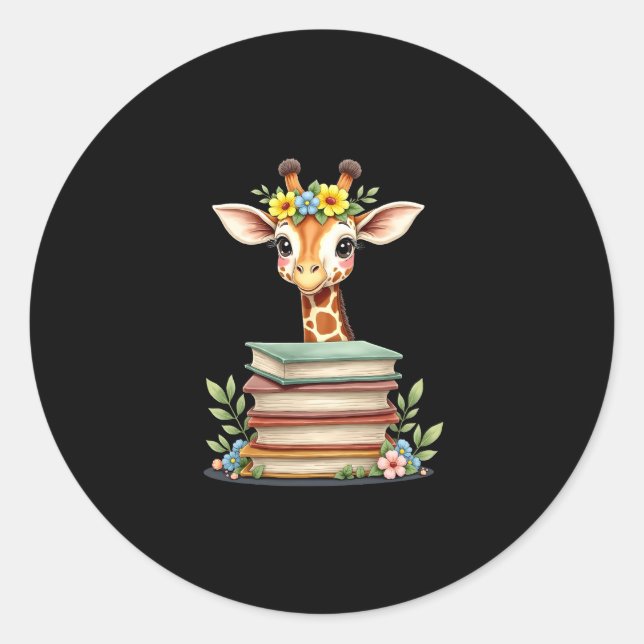 Cute Giraffe With Book Floral Bookworm Librarian B Classic Round Sticker (Front)