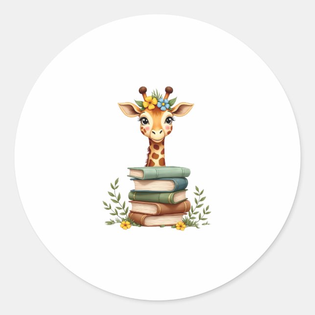Cute Giraffe With Book Floral Bookworm Librarian B Classic Round Sticker (Front)