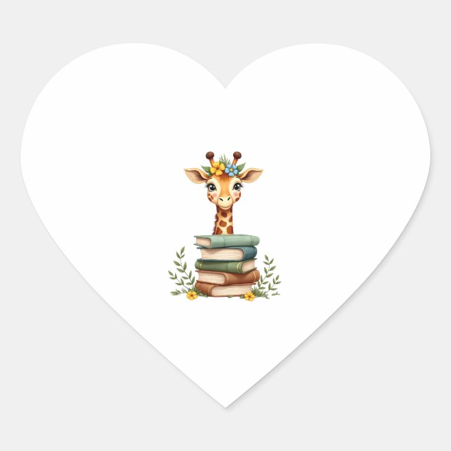 Cute Giraffe With Book Floral Bookworm Librarian B Heart Sticker (Front)