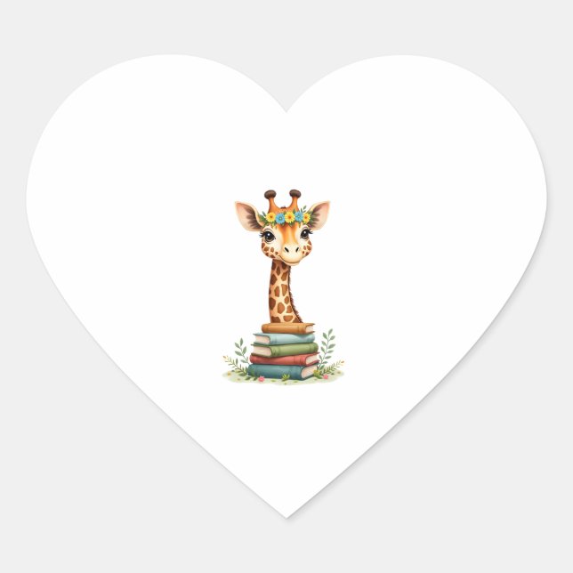 Cute Giraffe With Book Floral Bookworm Librarian B Heart Sticker (Front)
