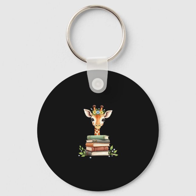 Cute Giraffe With Book Floral Bookworm Librarian B Keychain (Front)