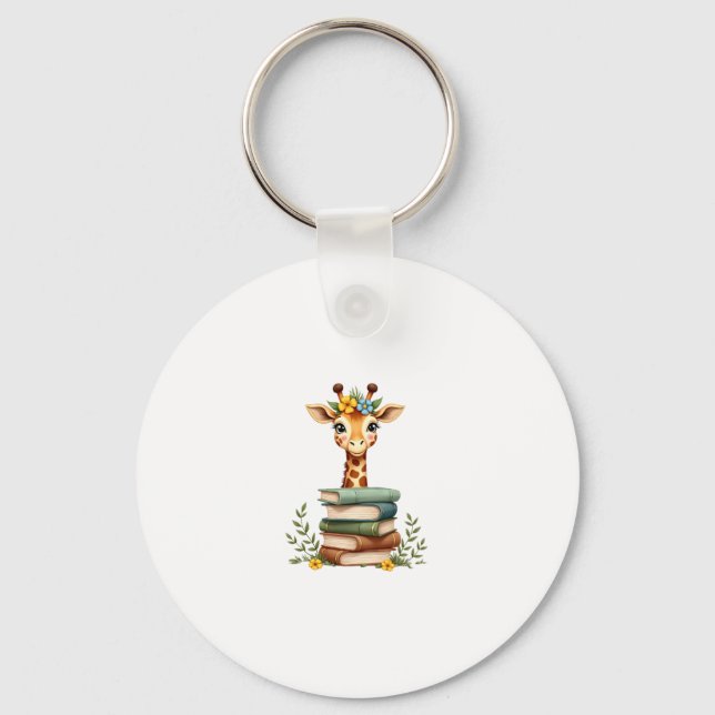 Cute Giraffe With Book Floral Bookworm Librarian B Keychain (Front)