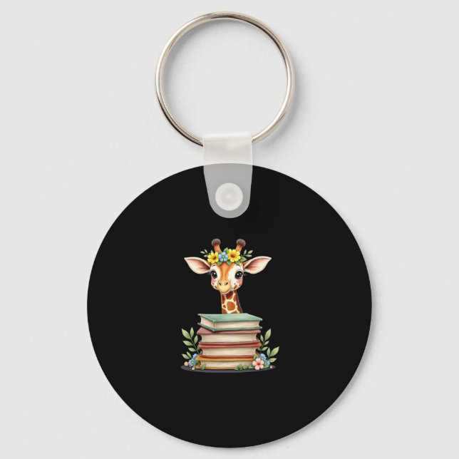 Cute Giraffe With Book Floral Bookworm Librarian B Keychain (Front)
