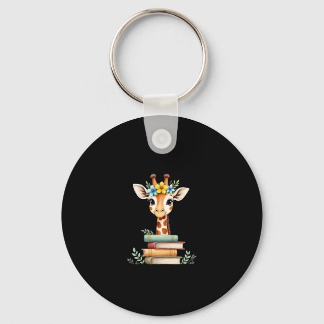 Cute Giraffe With Book Floral Bookworm Librarian B Keychain (Front)