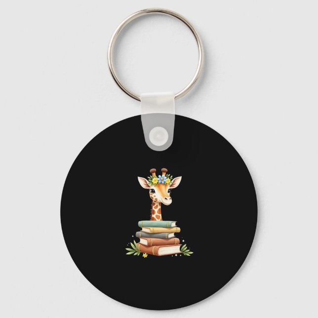 Cute Giraffe With Book Floral Bookworm Librarian B Keychain (Front)