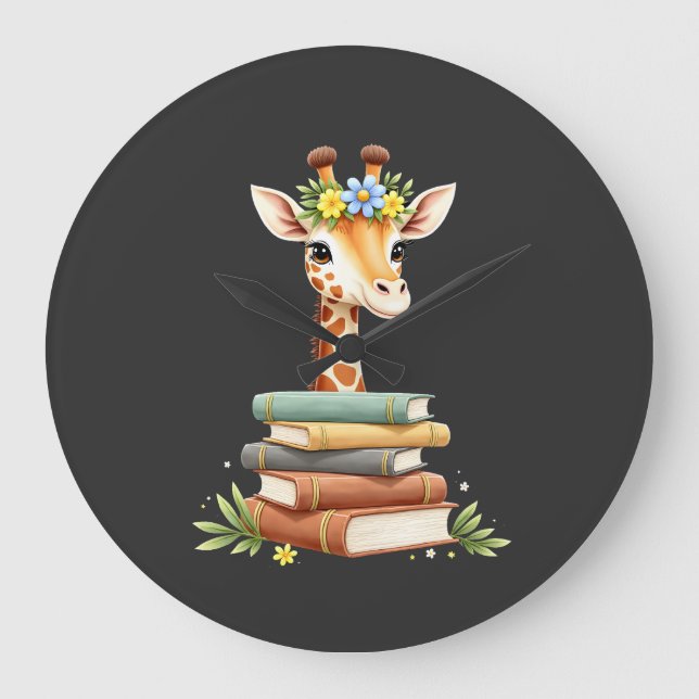 Cute Giraffe With Book Floral Bookworm Librarian B Large Clock (Front)