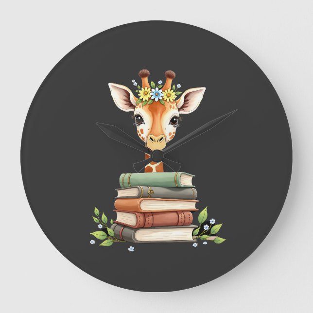 Cute Giraffe With Book Floral Bookworm Librarian B Large Clock (Front)