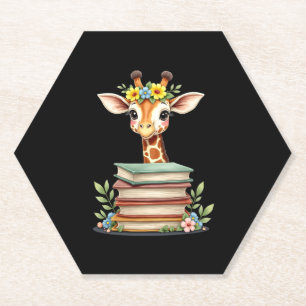 Cute Giraffe With Book Floral Bookworm Librarian B Paper Coaster