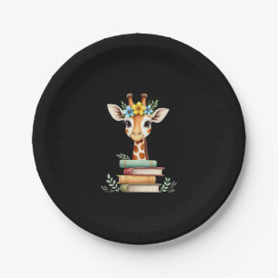 Cute Giraffe With Book Floral Bookworm Librarian B Paper Plate