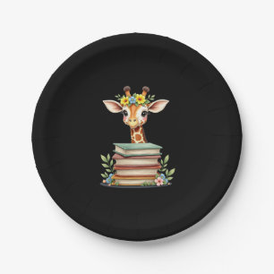 Cute Giraffe With Book Floral Bookworm Librarian B Paper Plate
