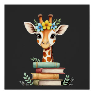 Cute Giraffe With Book Floral Bookworm Librarian B Poster