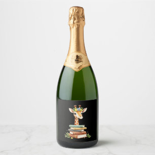 Cute Giraffe With Book Floral Bookworm Librarian B Sparkling Wine Label