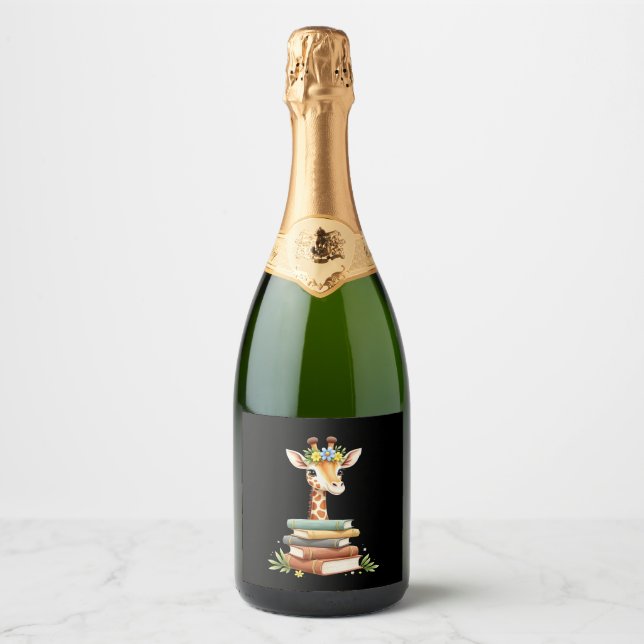Cute Giraffe With Book Floral Bookworm Librarian B Sparkling Wine Label (Front)