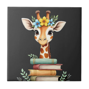 Cute Giraffe With Book Floral Bookworm Librarian B Tile