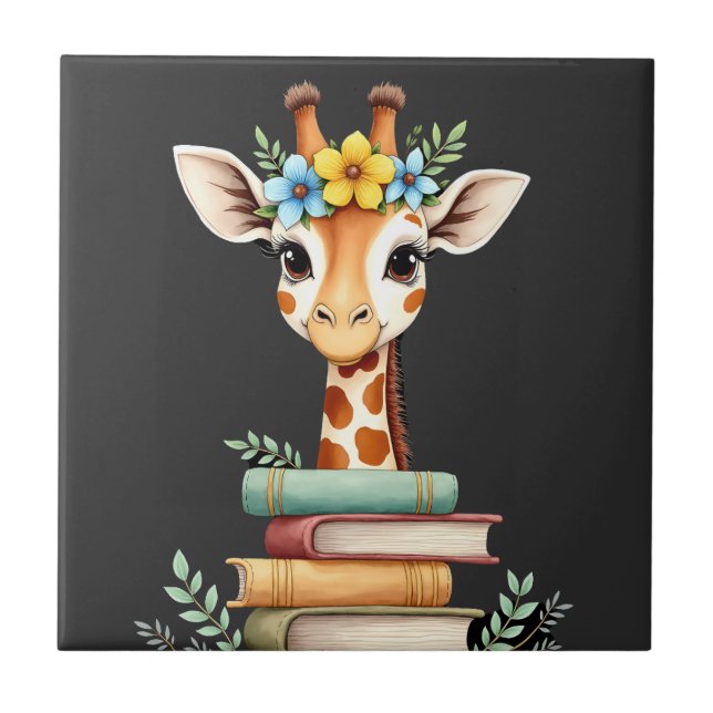 Cute Giraffe With Book Floral Bookworm Librarian B Tile (Front)