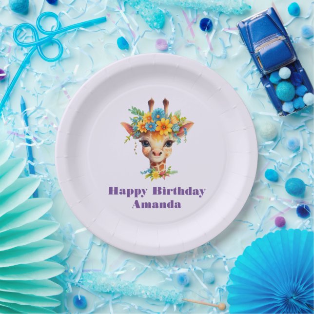 Cute Giraffe with Floral Crown Birthday Paper Plate (Party)