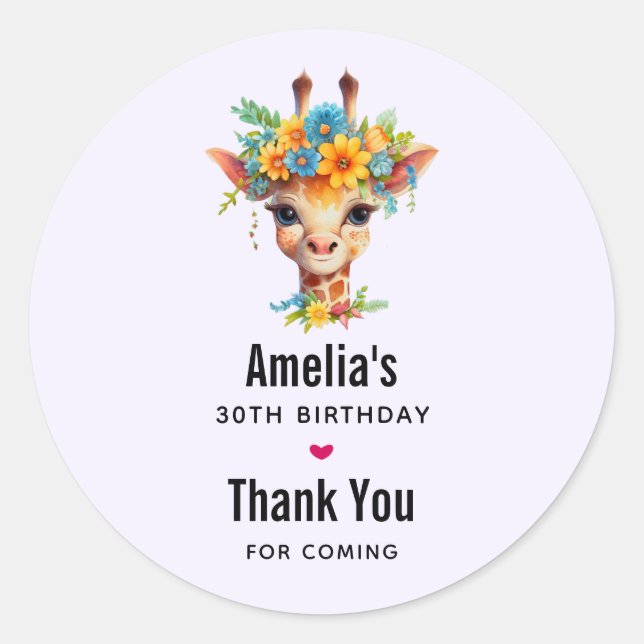 Cute Giraffe with Floral Crown Party Thank You Classic Round Sticker (Front)