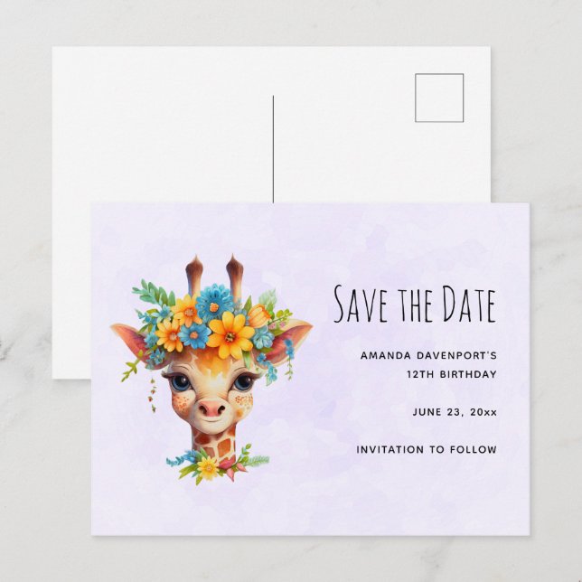 Cute Giraffe with Floral Crown Save the Date Invitation Postcard (Front/Back)