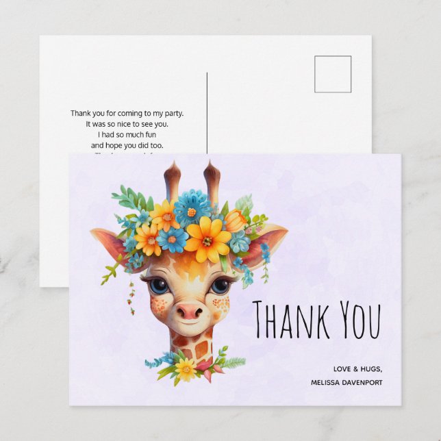 Cute Giraffe with Floral Crown Thank You Postcard (Front/Back)