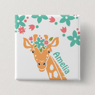Cute Giraffe with Flower Crown Personalised 2 Inch Square Button