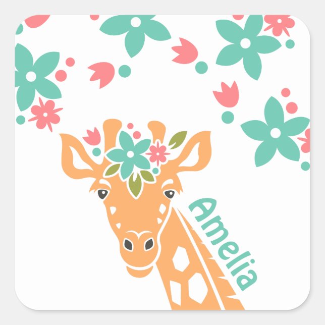 Cute Giraffe with Flower Crown Personalised Square Sticker (Front)