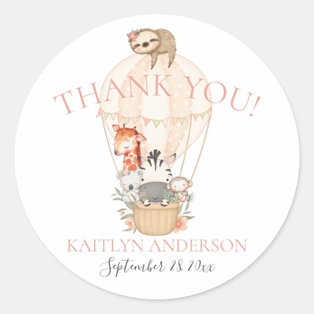 Cute Giraffe Zebra Hot Air Balloon Thank You Classic Round Sticker (Front)