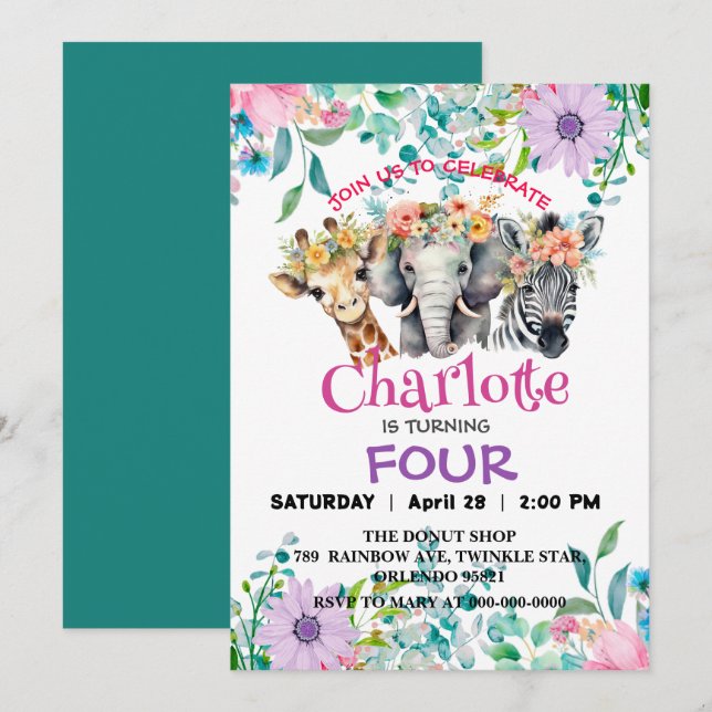 Cute Giraffe Zebra jungle Animals Birthday Floral Invitation (Front/Back)